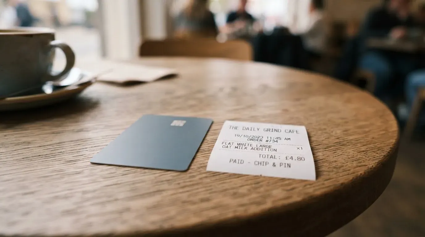 A receipt and a card on a café table