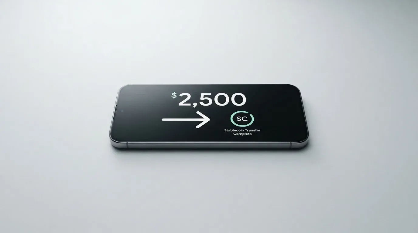 A phone showing a stablecoin transfer screen