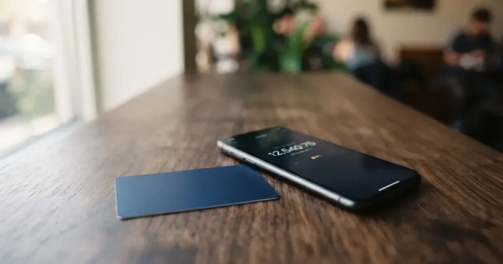 A payment card next to a phone with a crypto wallet app open