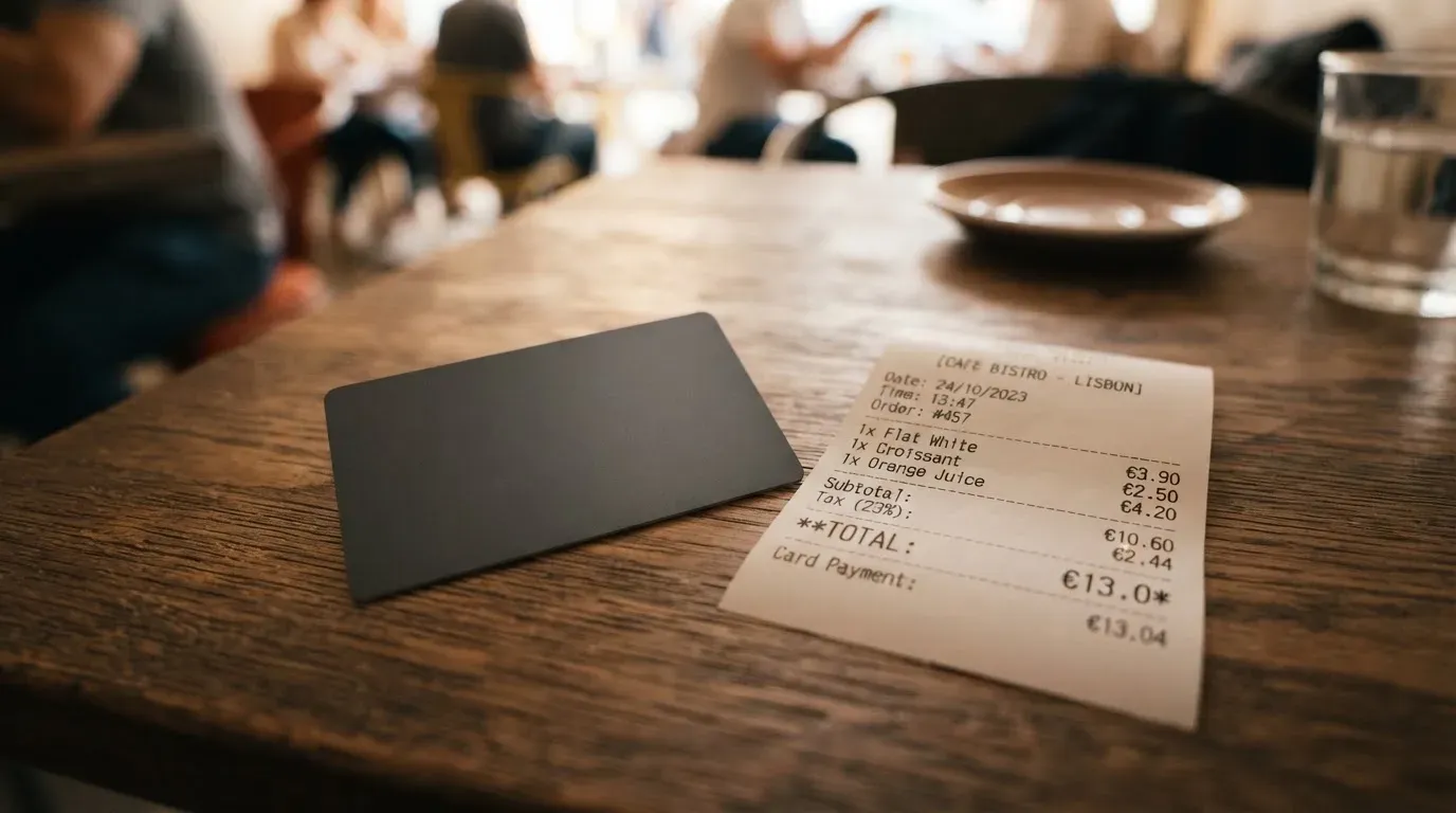 A receipt and a card on a café table