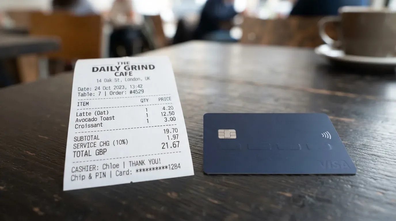 A receipt and a card on a café table