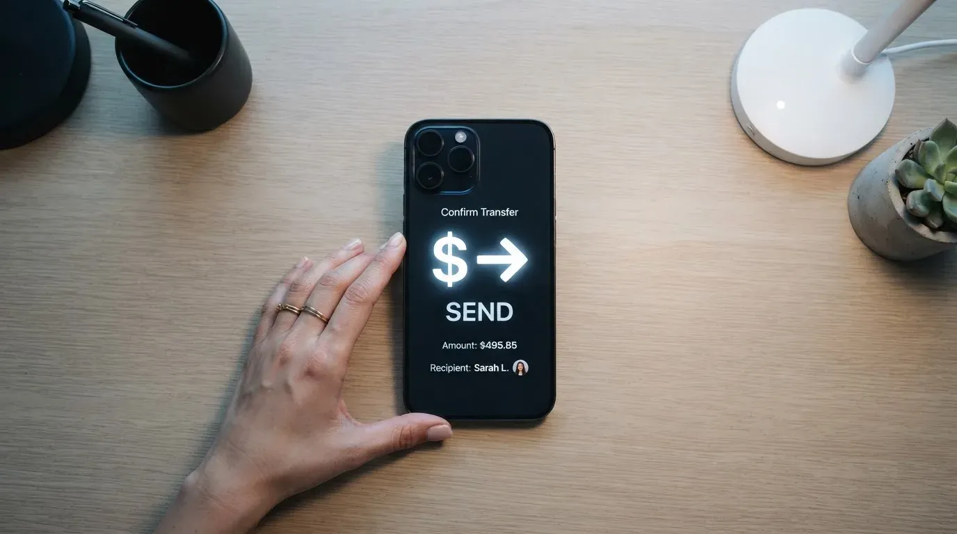 A phone showing a stablecoin transfer screen