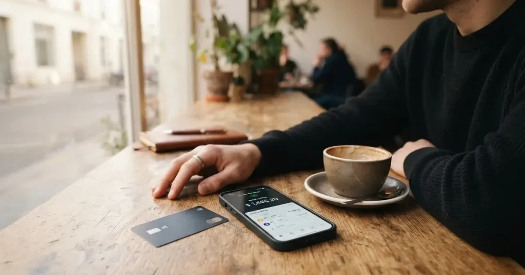 A payment card next to a phone with a crypto wallet app open