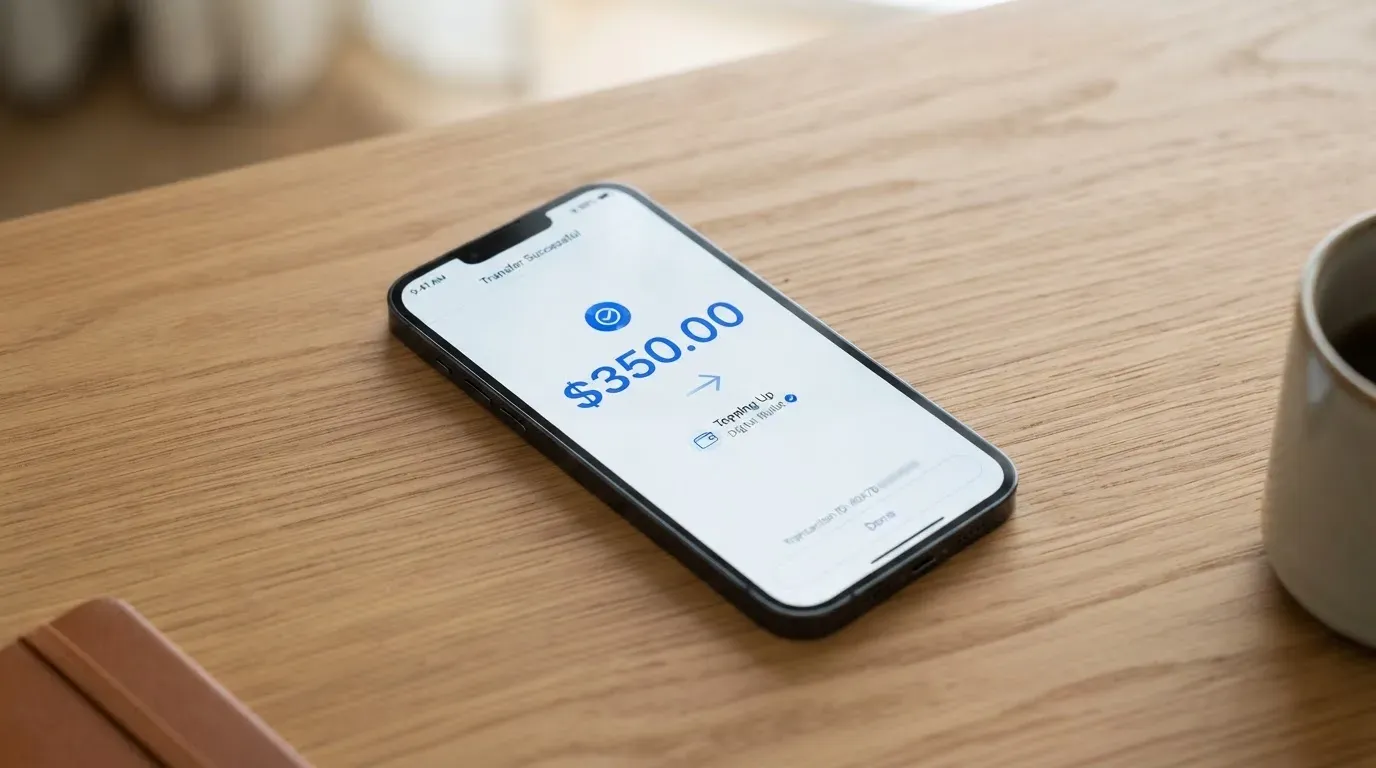 A phone showing a stablecoin transfer screen