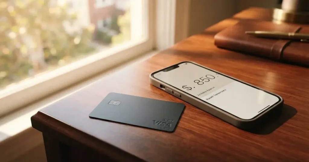 A payment card next to a phone with a crypto wallet app open
