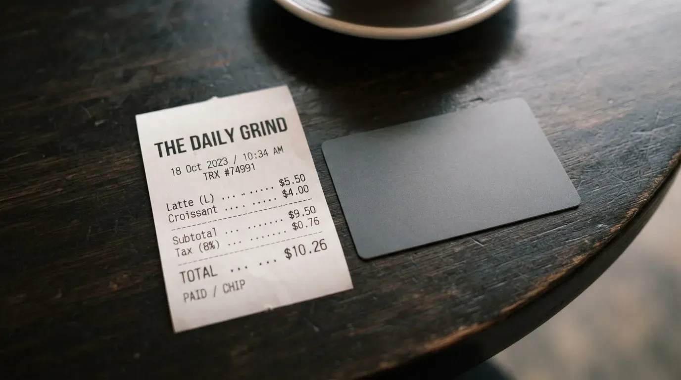 A receipt and a card on a café table