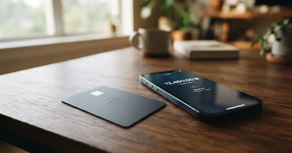 A payment card next to a phone with a crypto wallet app open