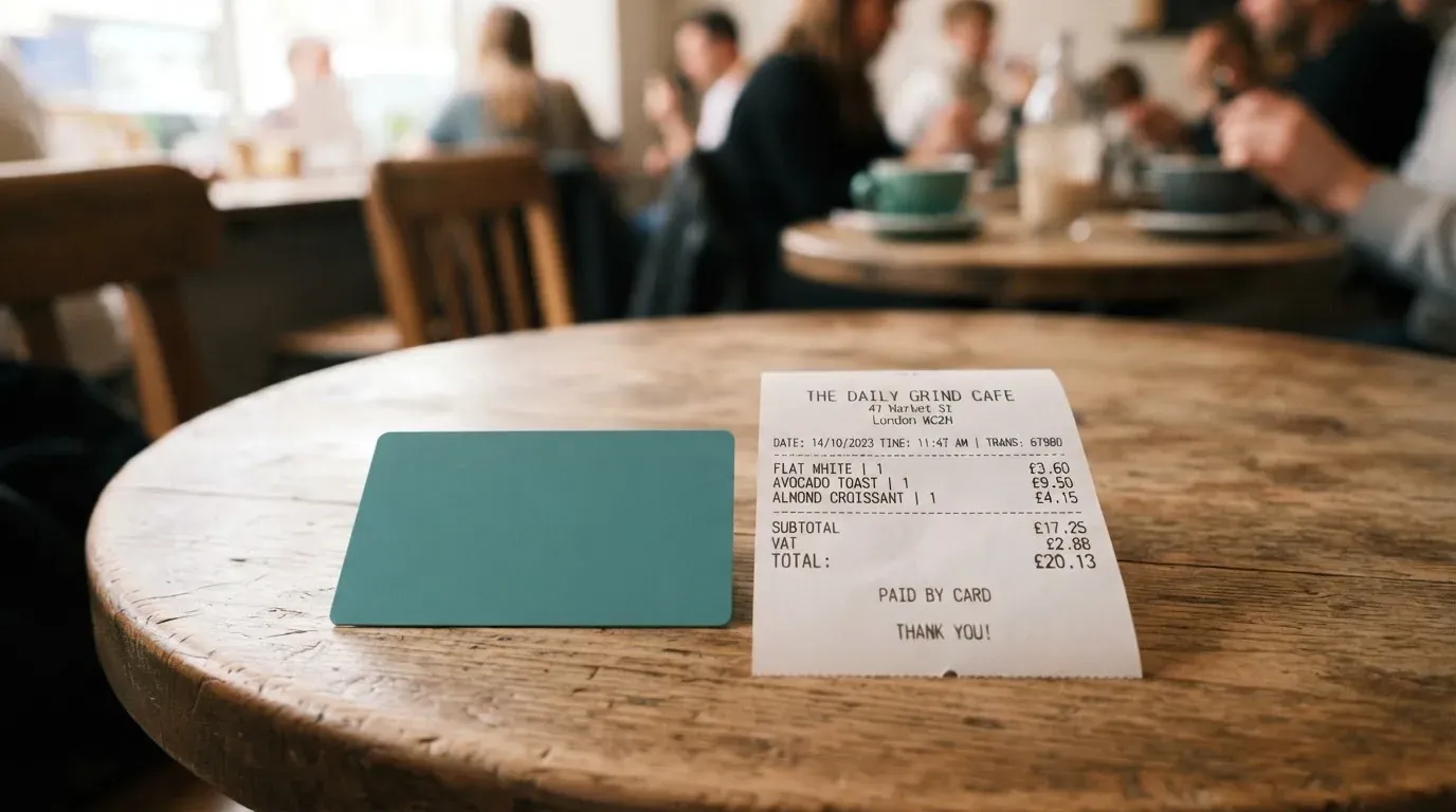 A receipt and a card on a café table