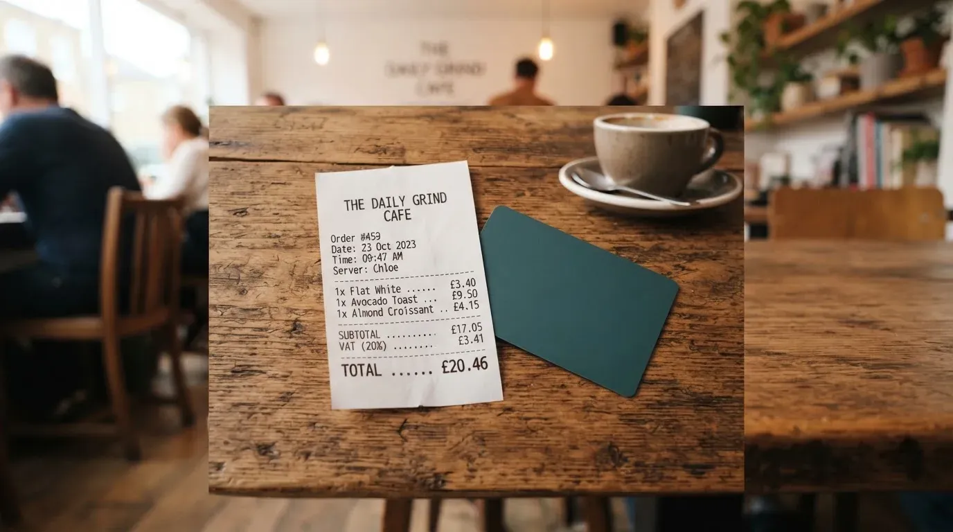 A receipt and a card on a café table