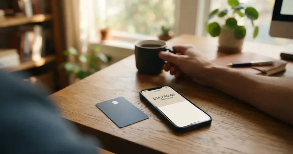 A payment card next to a phone with a crypto wallet app open