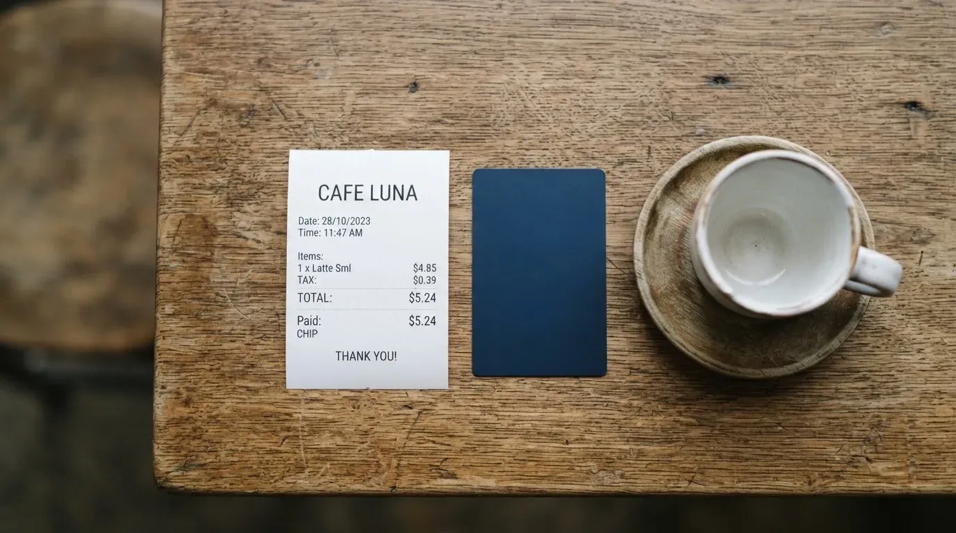 A receipt and a card on a café table