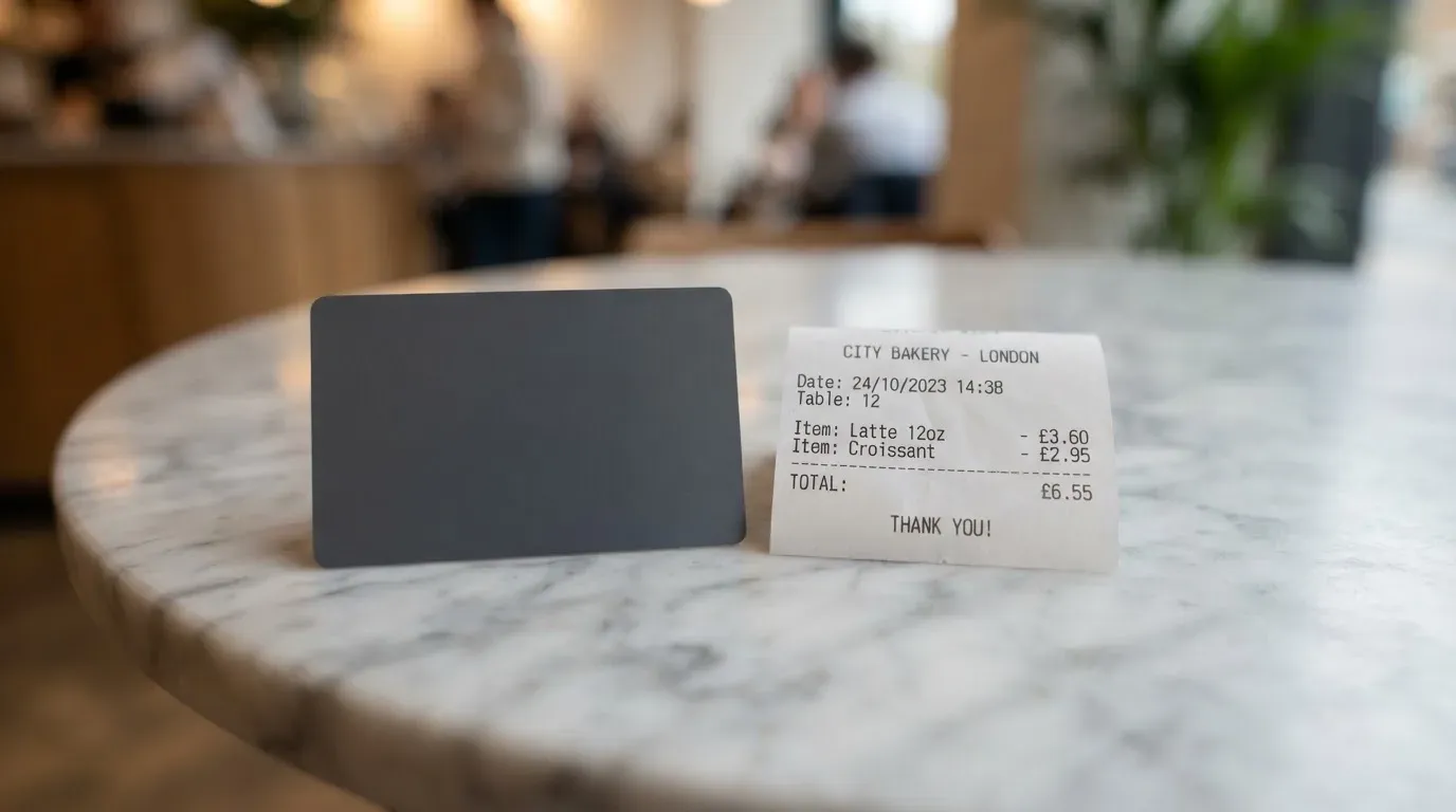 A receipt and a card on a café table