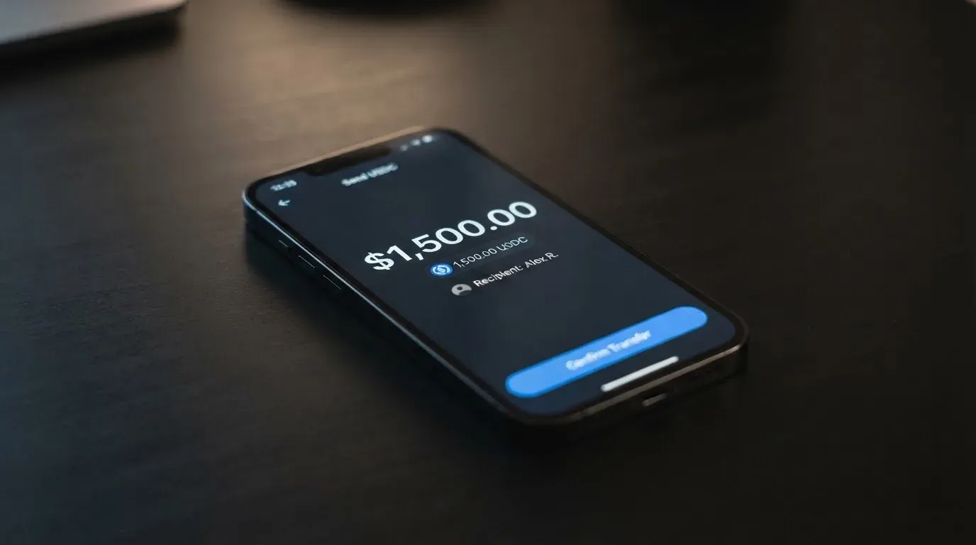 A phone showing a stablecoin transfer screen