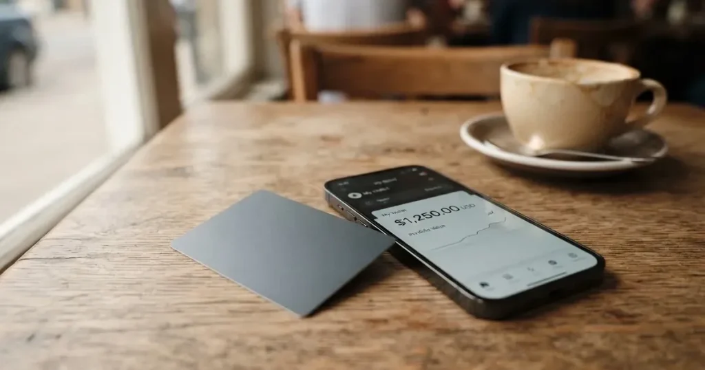 A payment card next to a phone with a crypto wallet app open