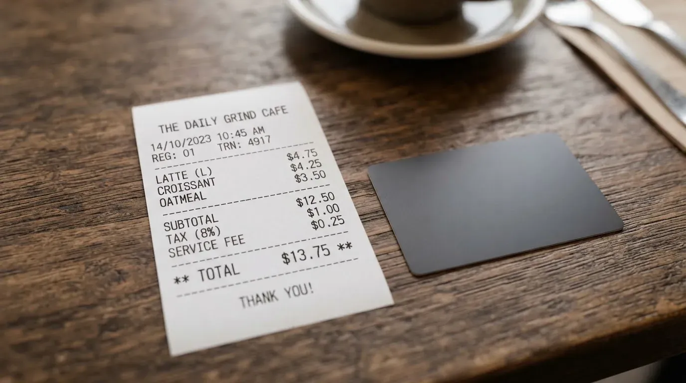 A receipt and a card on a café table