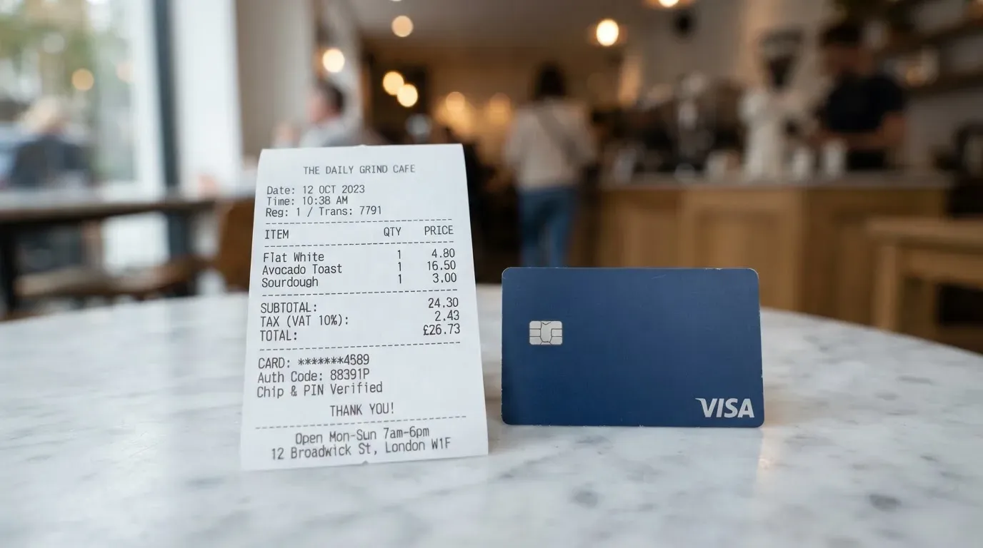 A receipt and a card on a café table