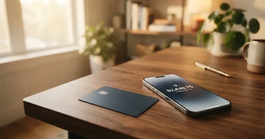A payment card next to a phone with a crypto wallet app open