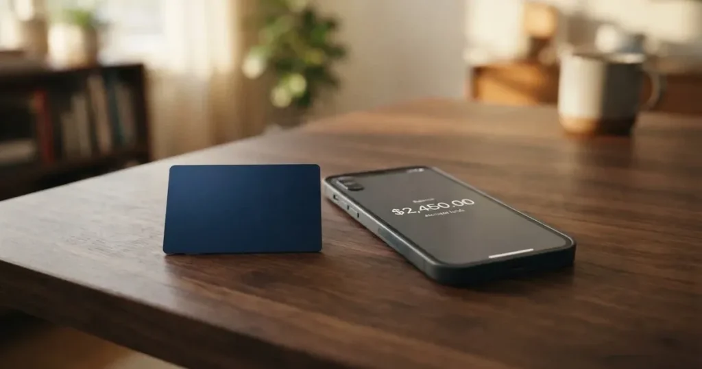 A payment card next to a phone with a crypto wallet app open