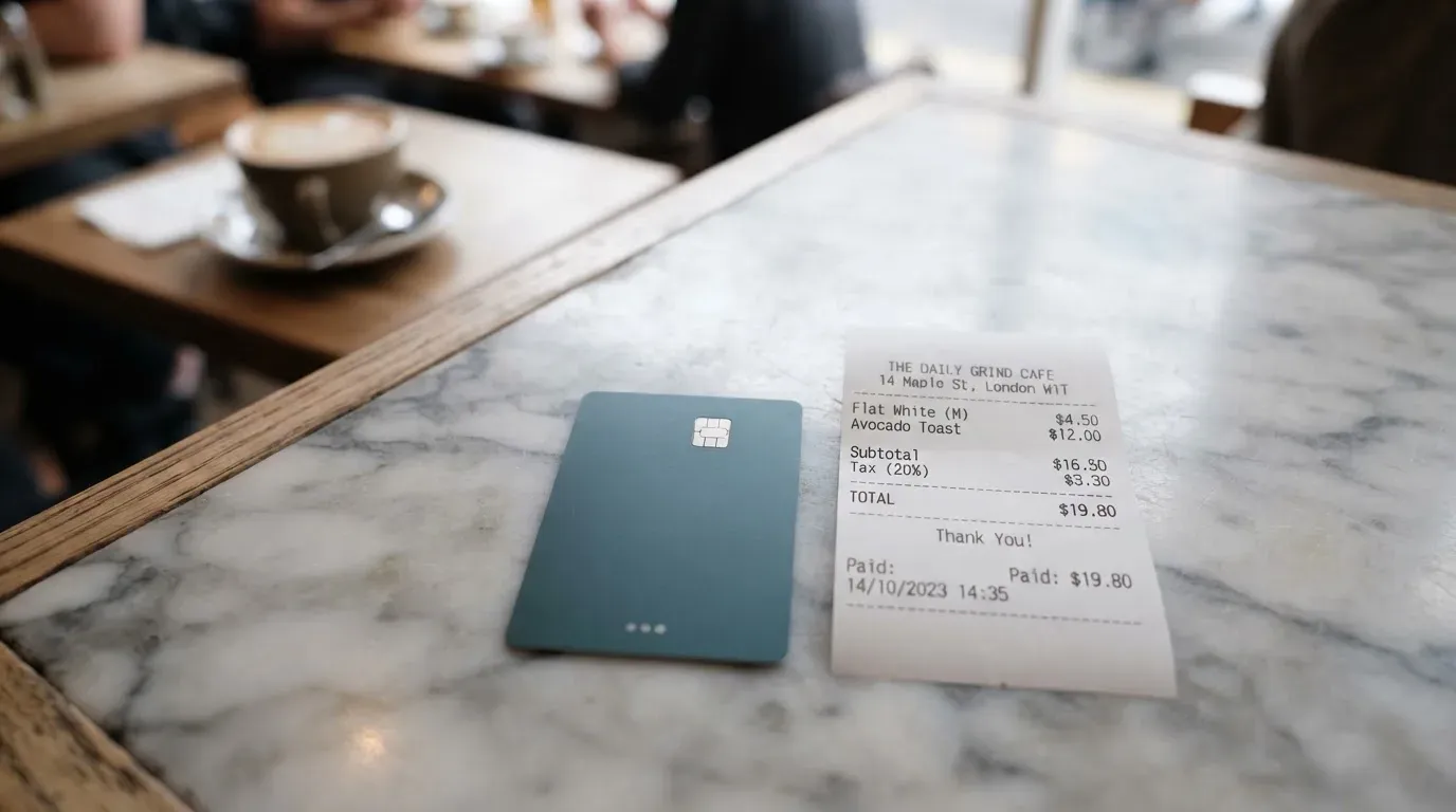 A receipt and a card on a café table