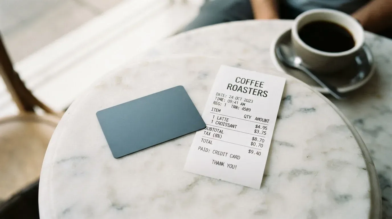 A receipt and a card on a café table