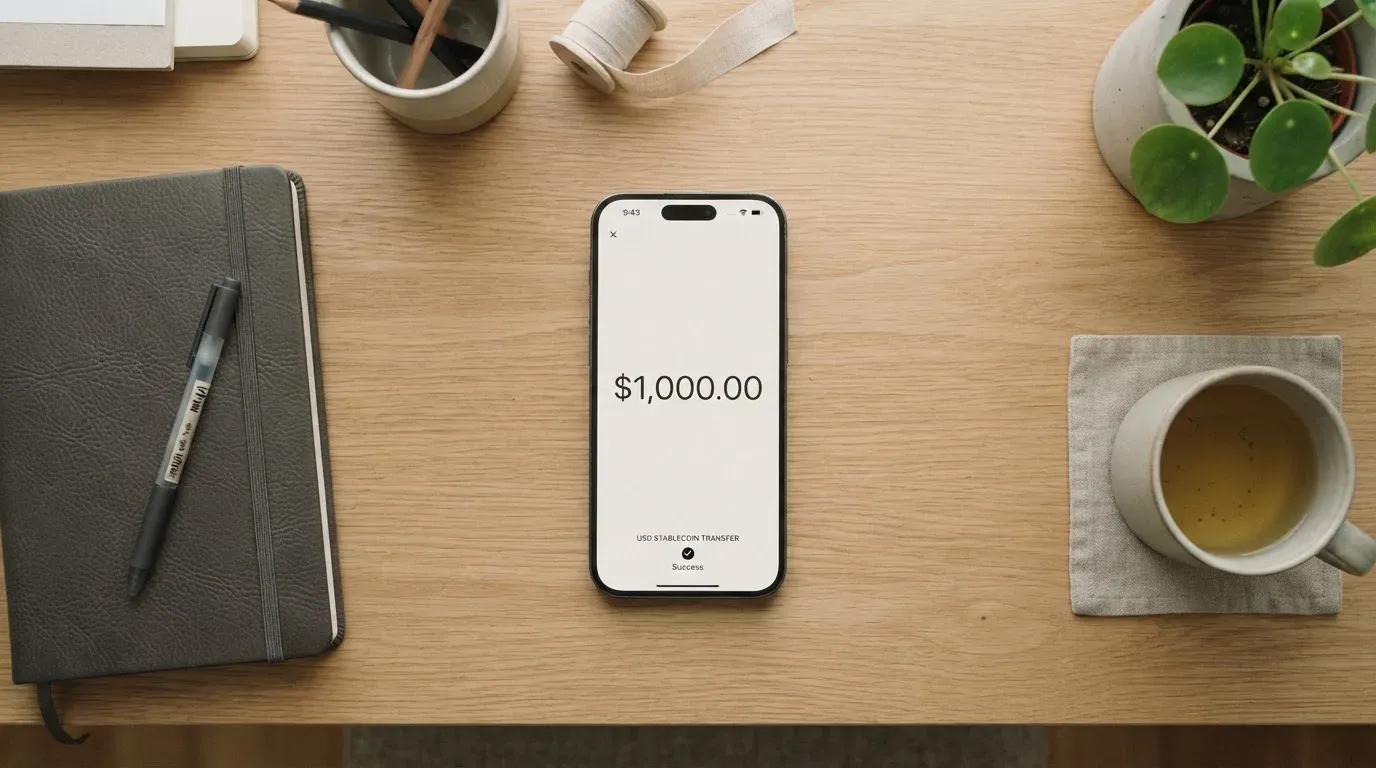 A phone showing a stablecoin transfer screen