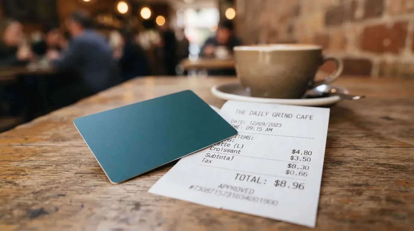 A receipt and a card on a café table