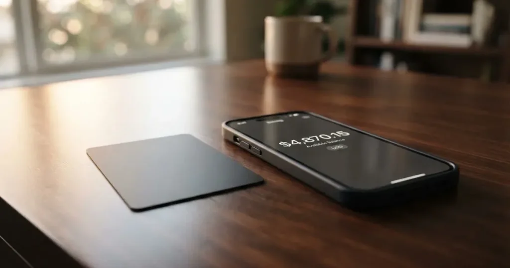 A payment card next to a phone with a crypto wallet app open