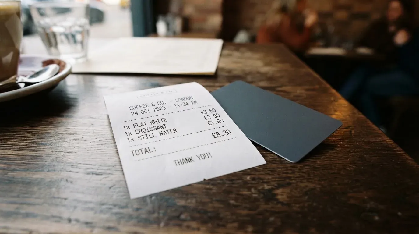A receipt and a card on a café table