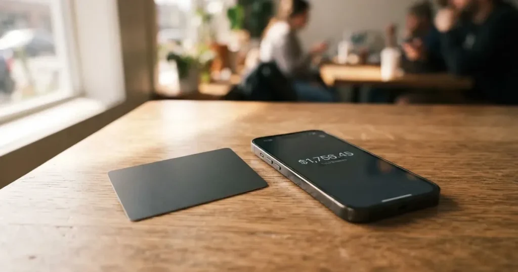 A payment card next to a phone with a crypto wallet app open