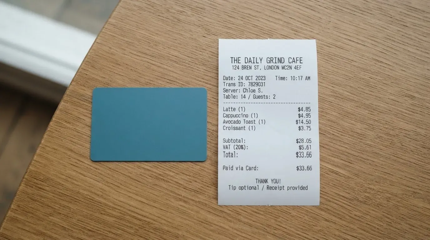 A receipt and a card on a café table