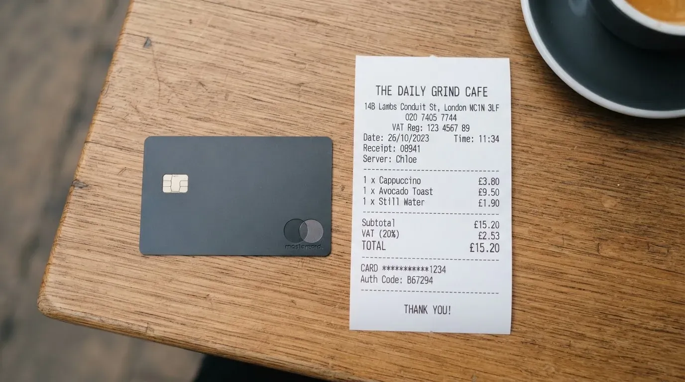 A receipt and a card on a café table