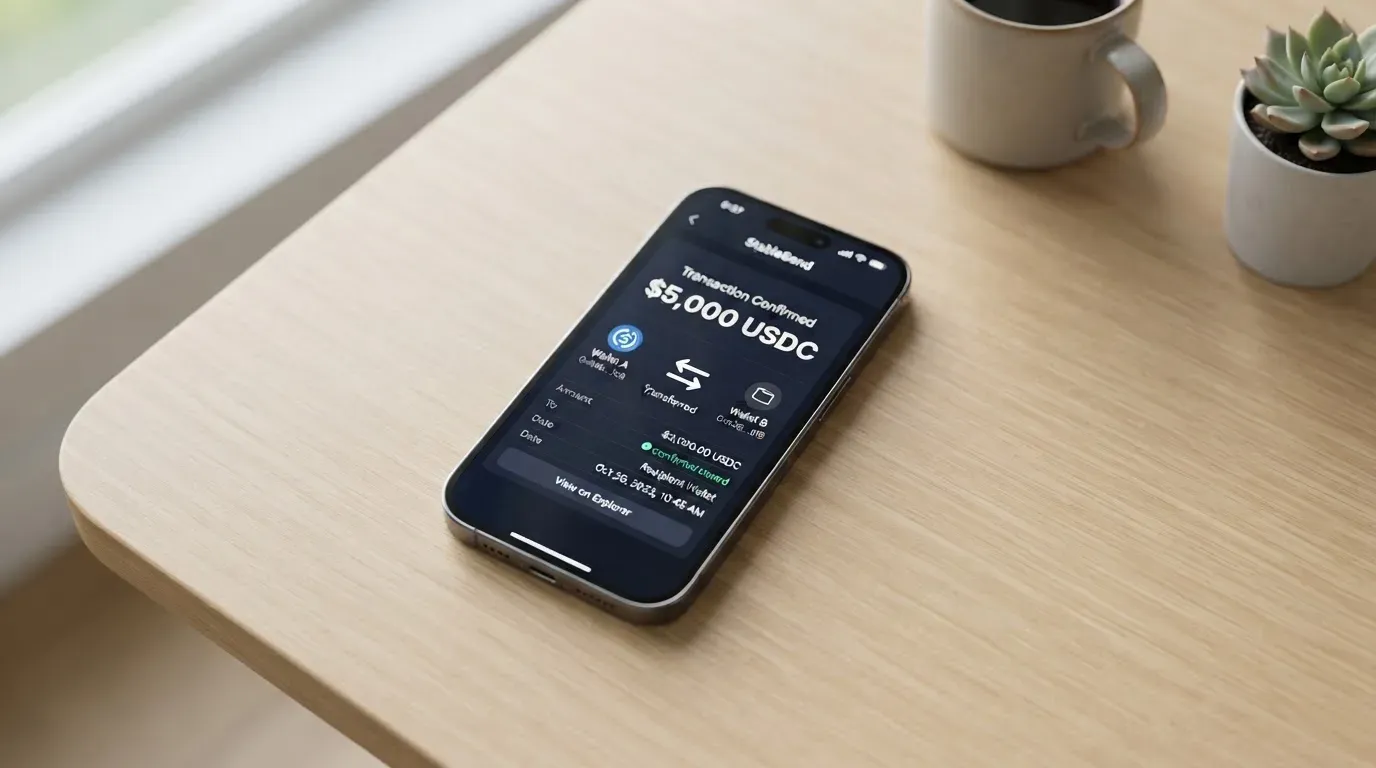 A phone showing a stablecoin transfer screen