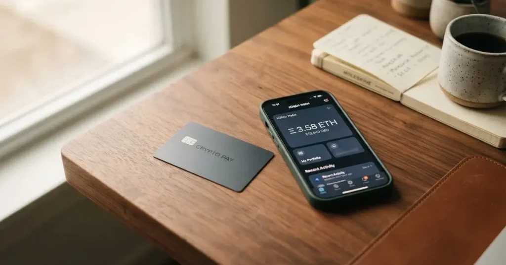 A payment card next to a phone with a crypto wallet app open