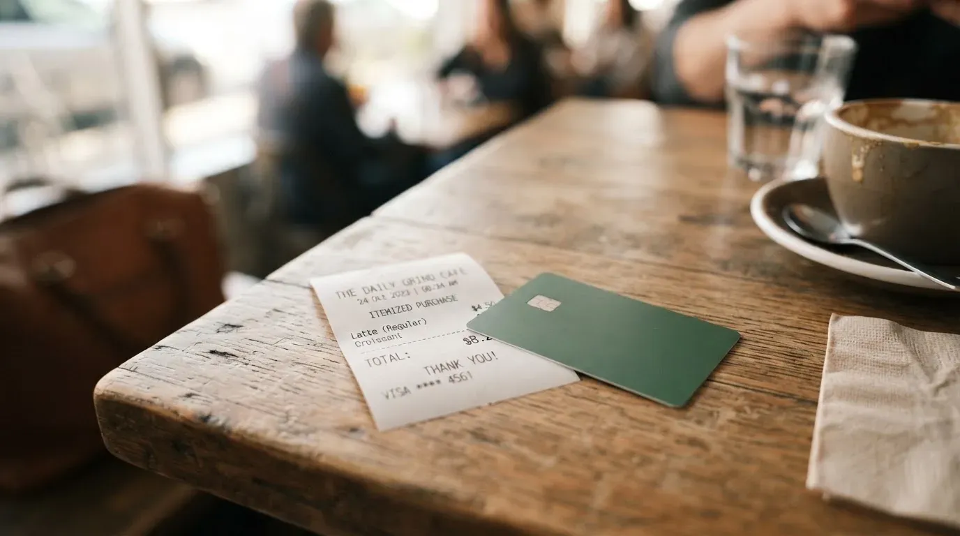 A receipt and a card on a café table