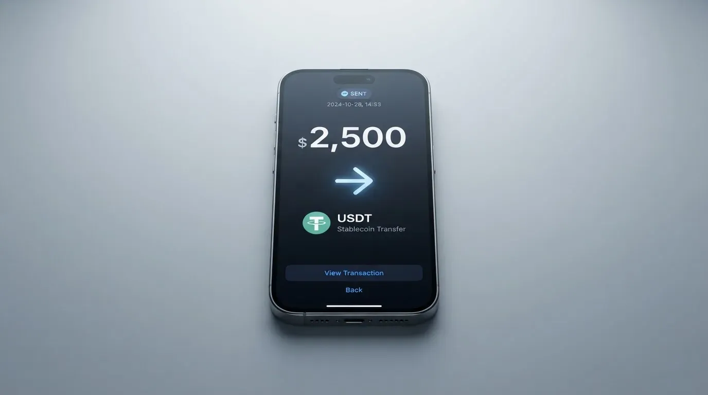 A phone showing a stablecoin transfer screen
