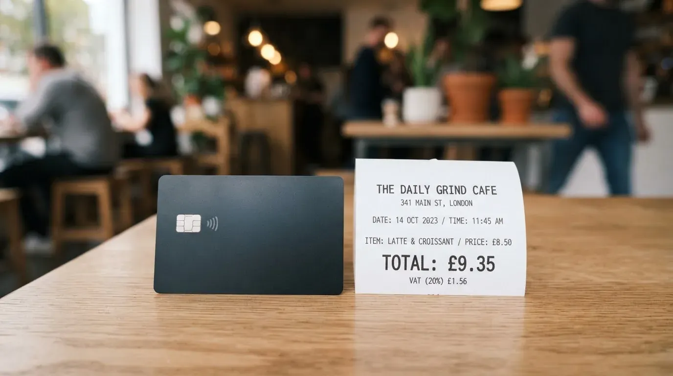 A receipt and a card on a café table