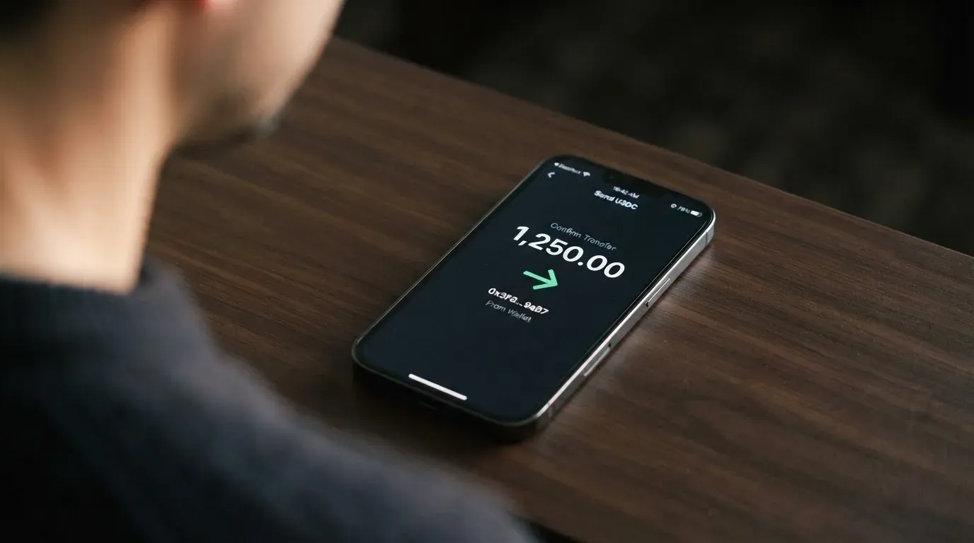 A phone showing a stablecoin transfer screen