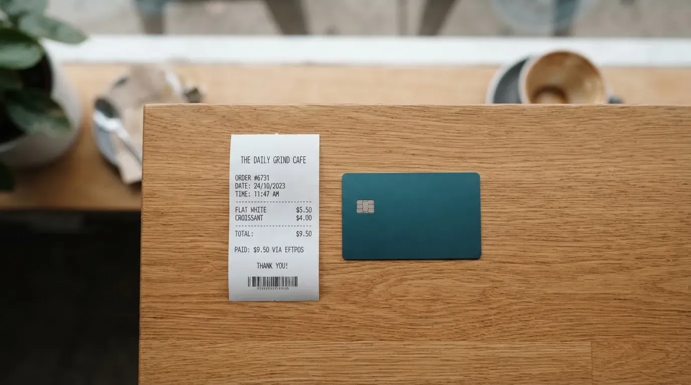 A receipt and a card on a café table