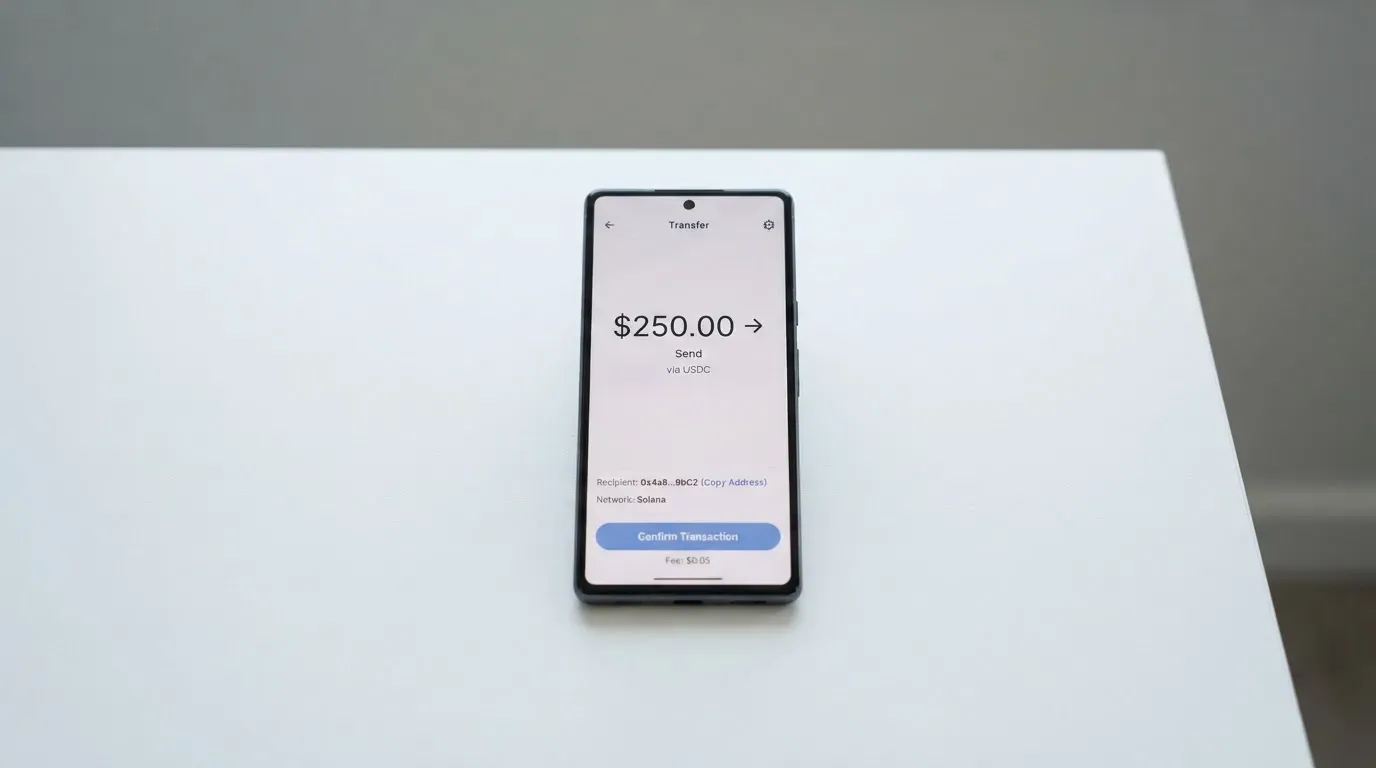 A phone showing a stablecoin transfer screen