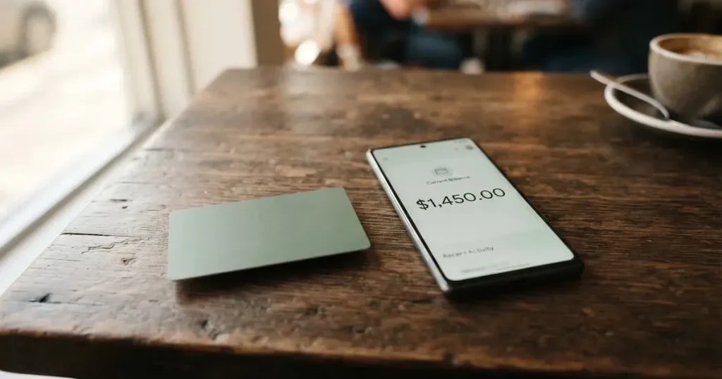 A payment card next to a phone with a crypto wallet app open