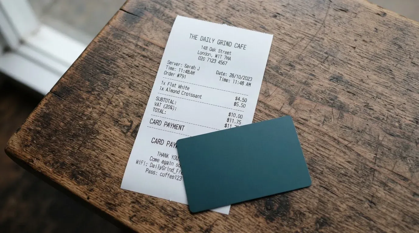A receipt and a card on a café table