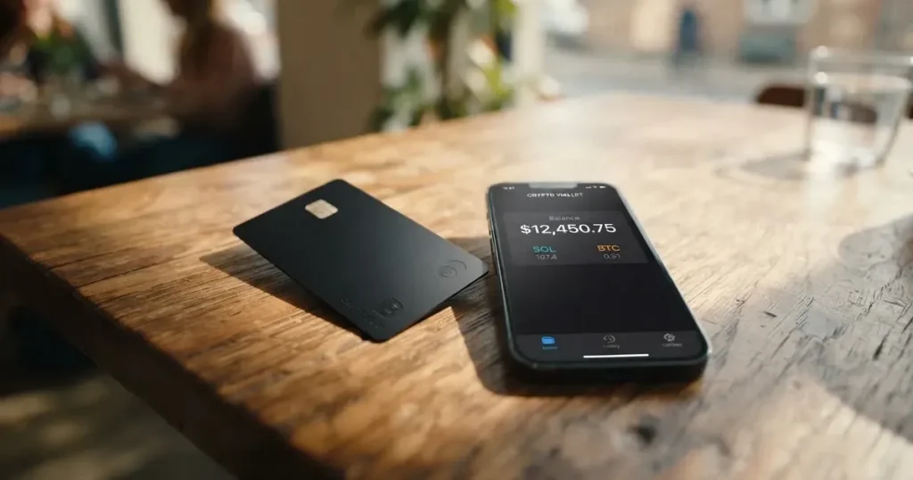 A payment card next to a phone with a crypto wallet app open