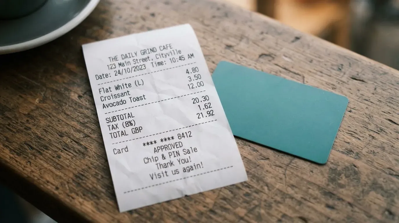 A receipt and a card on a café table