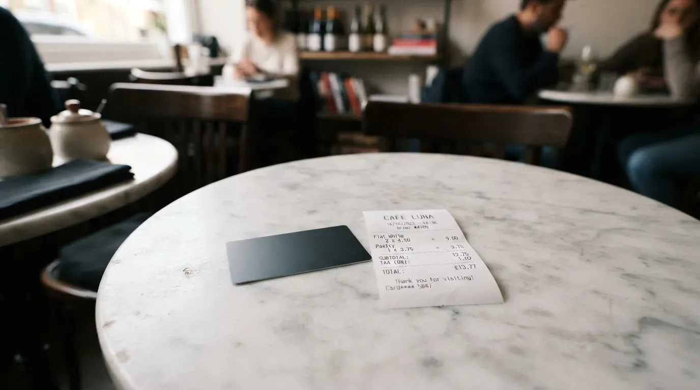 A receipt and a card on a café table
