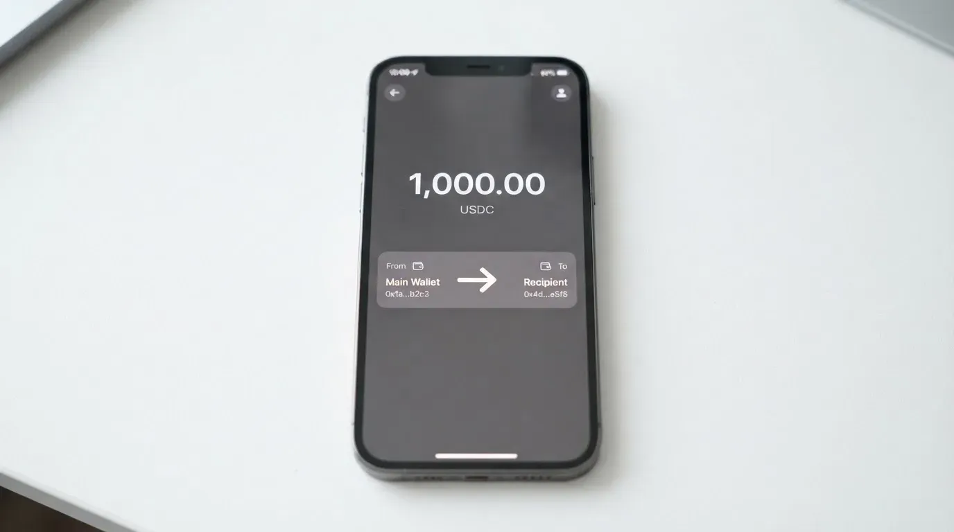 A phone showing a stablecoin transfer screen