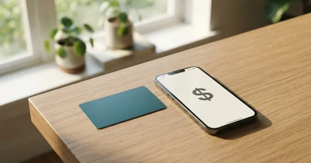 A payment card next to a phone with a crypto wallet app open