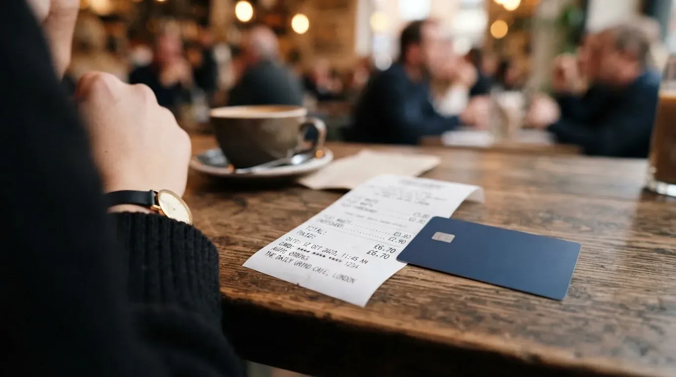 A receipt and a card on a café table