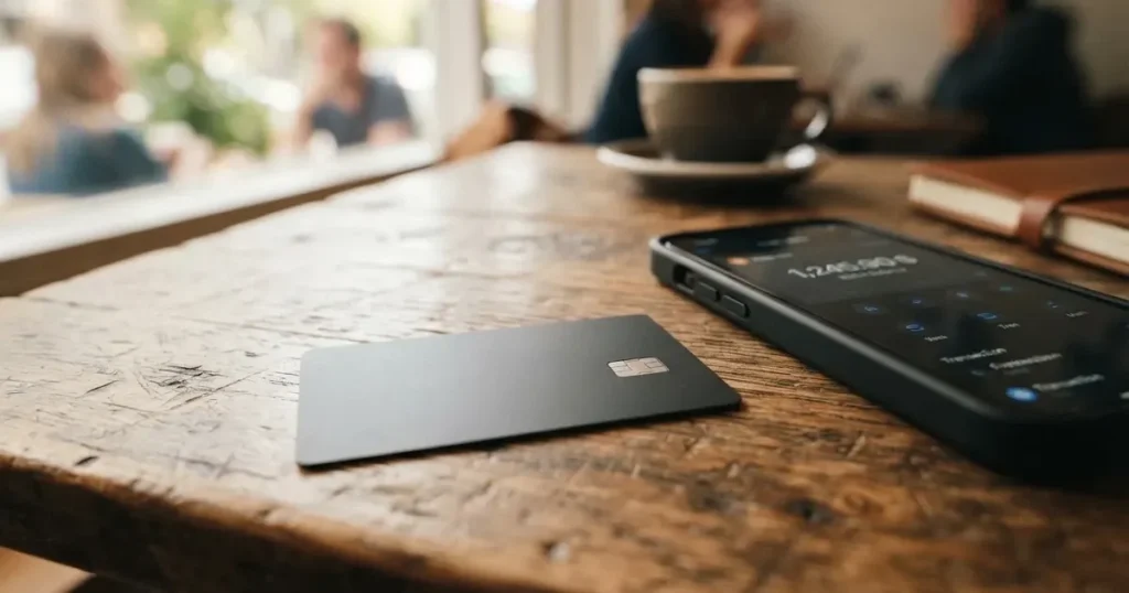 A payment card next to a phone with a crypto wallet app open