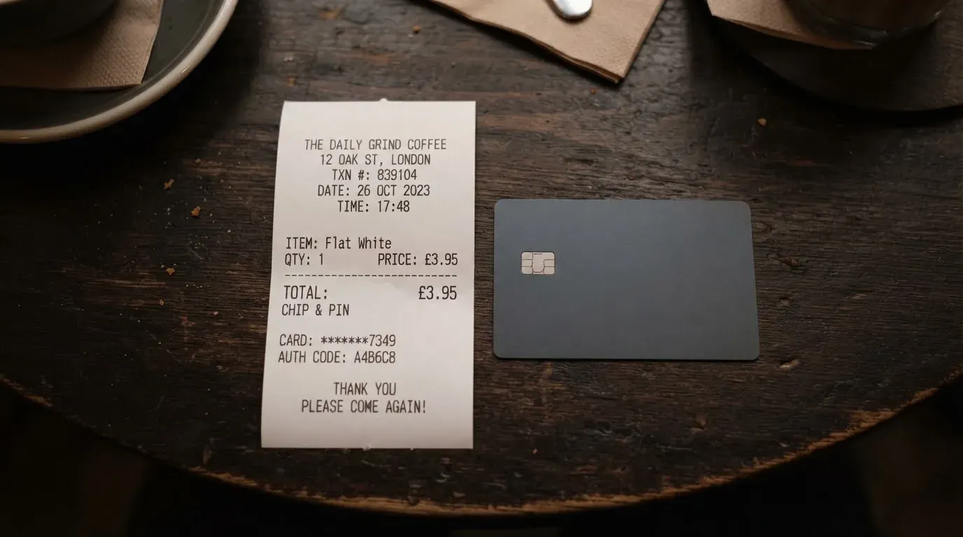 A receipt and a card on a café table