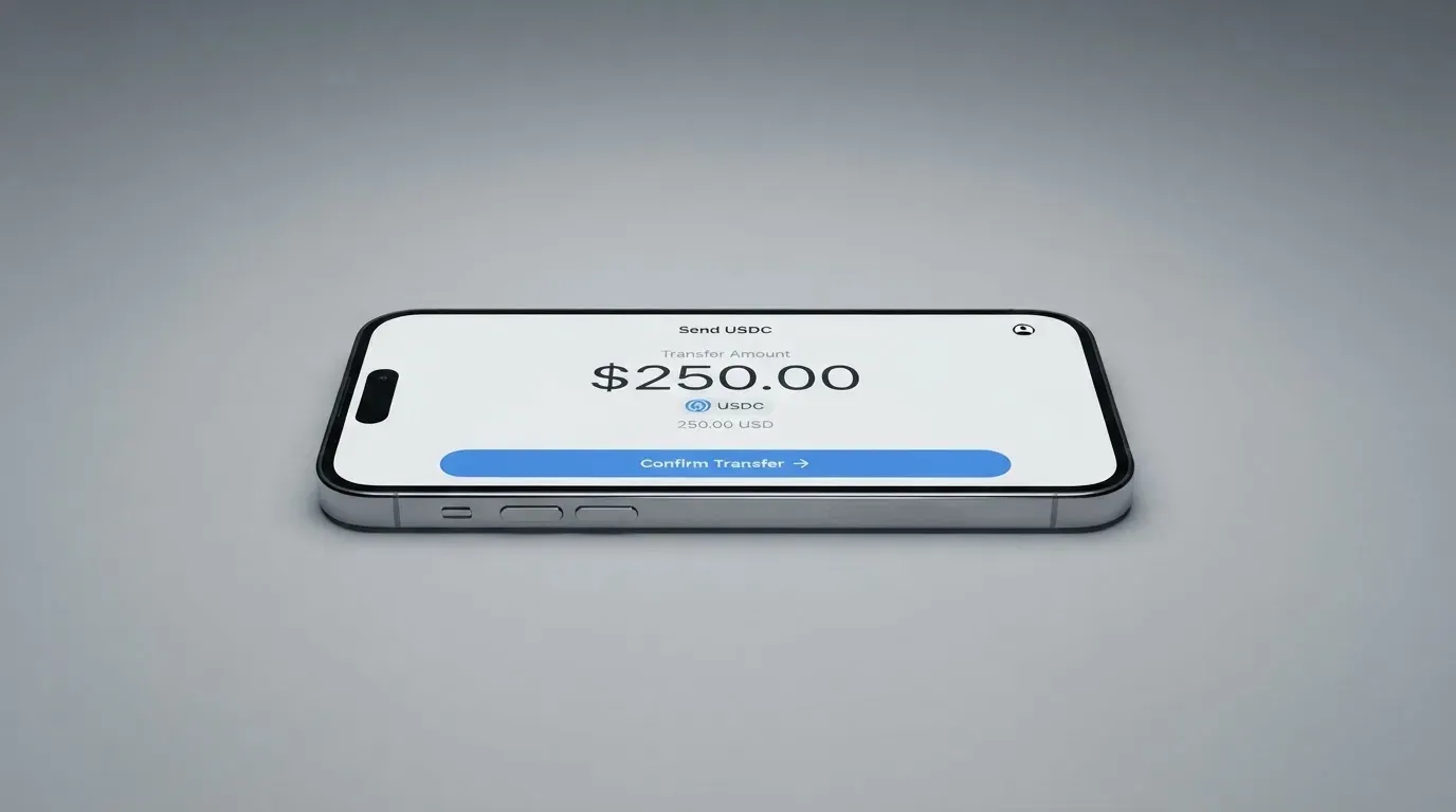 A phone showing a stablecoin transfer screen